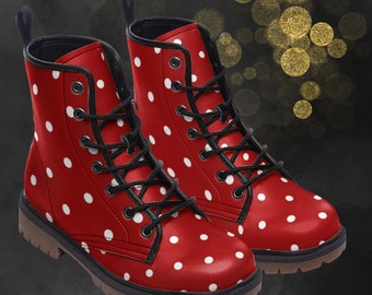 Polka Dots Leather Boots: Light Winter Premium Boots, Red Painted Retro Shoes and Festival Footwear for Your Signature Look, Perfect Gift