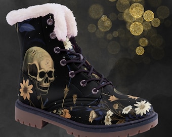 Wildflower Skull Winter Comfort Chukka Boots, Unisex Lace Up Gothic Combat Boots, Faux Leather Wild Flower Painted Shoes & Festival Footwear