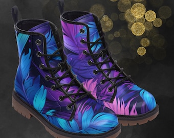 Blue Purple Feathers Boots, Spring Summer Fall Winter Light Leather Painted Shoes & Festival Footwear for your Signature Look Or Unique Gift
