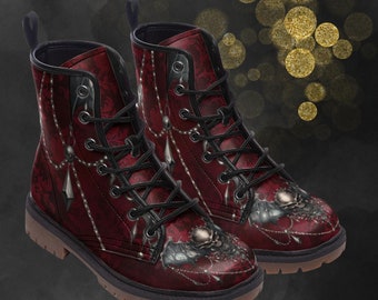 Crânio alado gótico com correntes botas de combate, sapatos pintados góticos vermelhos escuros unissex, calçados de couro falso primavera verão outono inverno festival