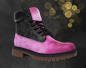 Vintage Pink Grunge Black Lace Look Combat Boots, Casual Unisex Painted Shoes & Faux Leather Festival Footwear for Spring Summer Fall Winter