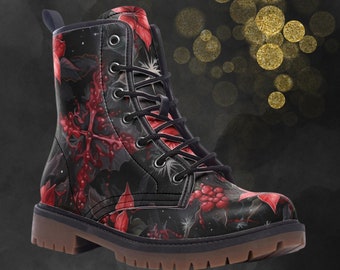 Gothic Dark Christmas Combat Boots, Xmas Unisex Floral Cross Painted Shoes & Festival Footwear, Spring Summer Fall Winter Faux Leather Boots