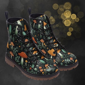 Earthtone Mushroom Leather Boots: Forest Mushrooms Fall Winter Boots, Cottagecore Painted Shoes & Festival Footwear for your Signature Look