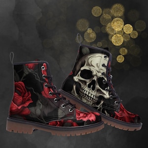 Big Skull Leather Boots: Gothic Spring Summer Fall Winter Light Boots, Roses Painted Punk Shoes & Festival Footwear for Your Signature Look