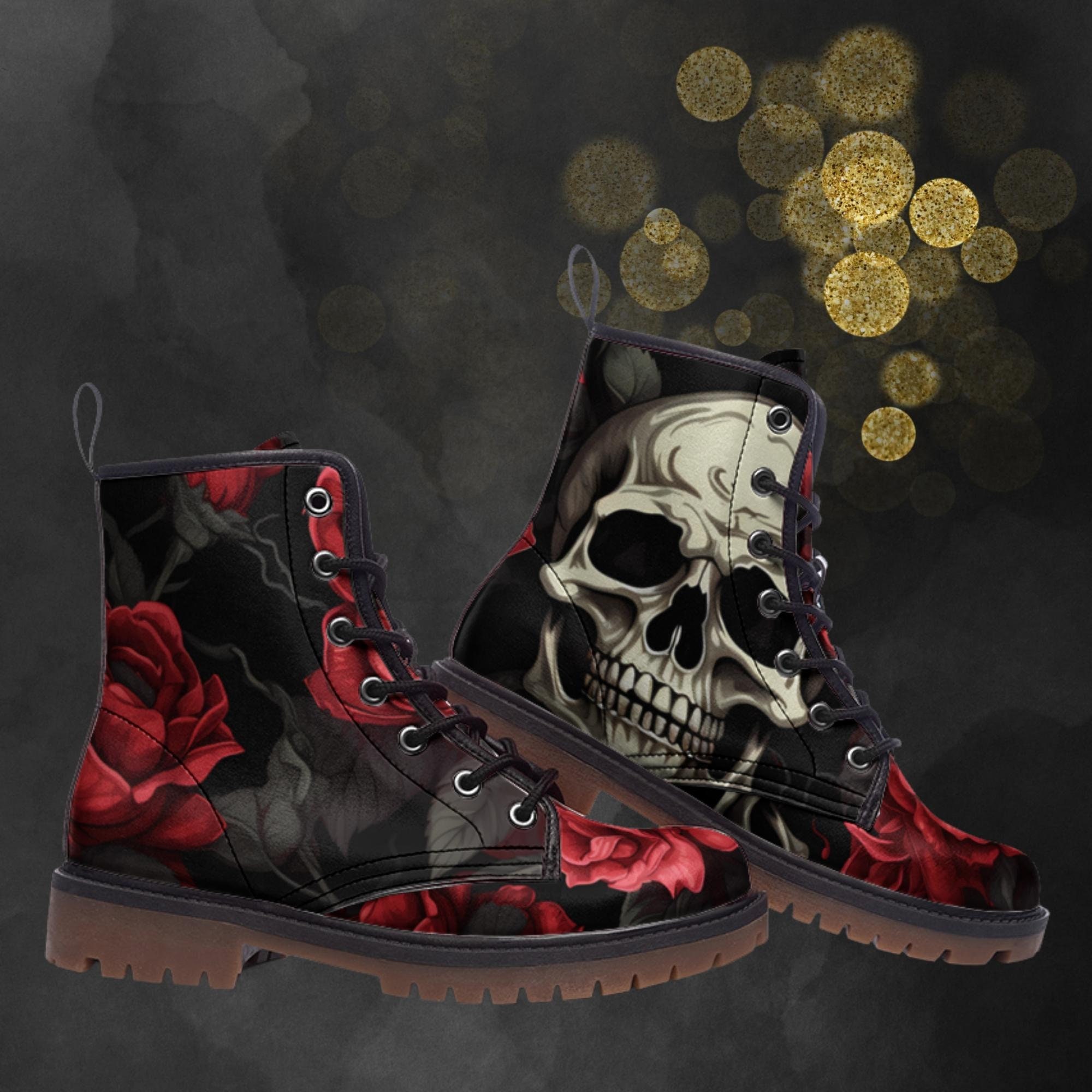 Black Leather Skull Combat Boots Black Raven and Skull Combat Boots | Halloween Gift | Gothic  main image 2