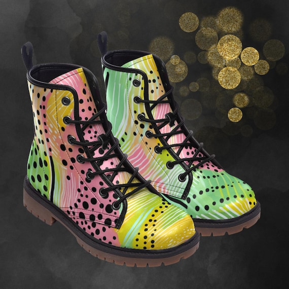 Green Pink Yellow Combat Boots Casual Unisex Colorful Abstract Art Painted Shoes Faux Leather Spring Summer Fall Winter Festival Footwear