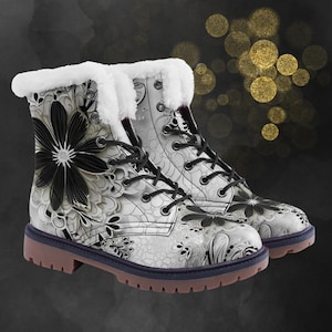 White Lace Look Unisex Winter and Fashion Comfort Chukka Boots, Faux Leather Unique Floral Painted Shoes, Festival Footwear & Combat Boots