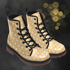 Yellow Polka Dots Leather Boots: Light Spring Summer Fall Winter Boots, White Dot Painted Shoes & Festival Footwear for Your Signature Look