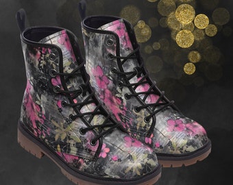 Pink Flower Grunge Used Look Leather Boots, Flower Grunge Boots, Floral Boots Shoes, Flower Design Grunge Boots, Pink Flower Painted Shoes