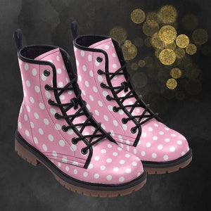 Pink Polkadots Leather Boots: Light Spring Summer Fall Winter Boots, White Dot Painted Shoes and Festival Footwear for Your Signature Look