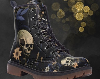 Dark Academia Wildflower & Skull Combat Boots, Unisex Gothic Painted Shoes, Festival Footwear, Spring Summer Fall Winter Faux Leather Boots