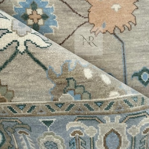 Hand-knotted Oushak Rug 8x10 or 9x12 Turkish Wool Area Beige and Blue Modern Living Room Carpet - Vintage Style Home Decor Rugs.