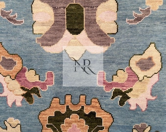 Handmade Blue Oushak Wool Rug | Bohemian Floral Carpet