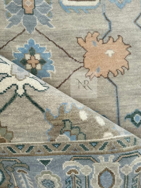 Hand-knotted Oushak Rug 8x10 or 9x12 Turkish Wool Area Beige and Blue Modern Living Room Carpet - Vintage Style Home Decor Rugs.