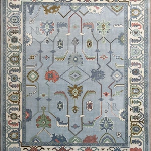 Oushak Rug 8x10-9X12-10X14 Modern Blue Ivory Turkish Rug Hand knotted wool Rug for living room