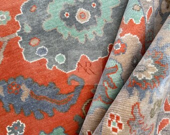 Oushak Rug 8x10-9x12 Turkish Rug, Muted Blue and Brown Wool Rug, Neutral Turkish Oushak Hand knotted 8x10 Persian Rug for bedroom.