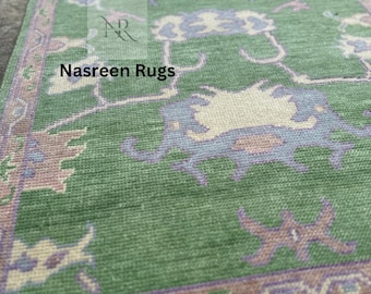 Green Turkish Oushak Runner Hand Knotted Rug 2.6X8, 3X9, 3X10, 3X15 ft Handmade carpet for Living Room, kitchen and bathroom