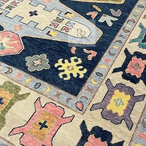 Oushak Rug 9X12 &quot;Hand-Knotted Blue and Beige and green rugs with Modern Design for living room Bedroom and for luxury Areas