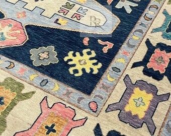 Oushak Rug 9X12 &quot;Hand-Knotted Blue and Beige and green rugs with Modern Design for living room Bedroom and for luxury Areas