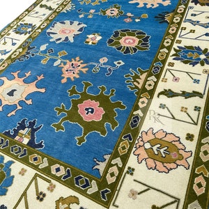 Blue Oushak Rug 8x10-9X12-10X14 Modern Turkish Rug Hand knotted wool Rug for your beautiful home and living room.