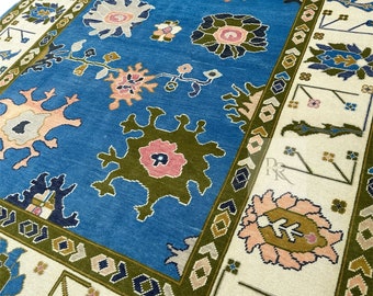 Tappeto Oushak blu 8x10-9x12-10x14 Tappeto turco moderno Tappeto di lana annodato a mano per la tua splendida casa e il tuo soggiorno.