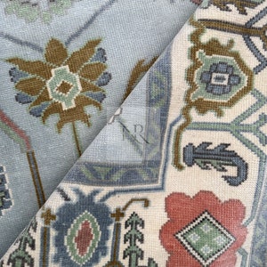 Oushak Rug 8x10-9X12-10X14 Modern Blue Ivory Turkish Rug Hand knotted wool Rug for living room