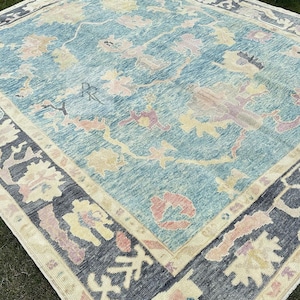 Blue Oushak Rug 8x10-9X12-10X14 Modern Turkish Rug Hand knotted wool Rug for your beautiful home and living room.