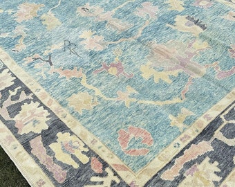 Tappeto Oushak blu 8x10-9x12-10x14 Tappeto turco moderno Tappeto di lana annodato a mano per la tua splendida casa e il tuo soggiorno.