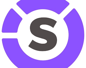 May include: A purple circle with a gray letter "S" in the center. The circle is divided into three sections, with one section being a smaller circle.