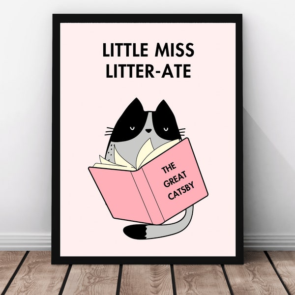 LITTLE MISS Bookworm Cat Printable Great Gatsby Pink Poster Cat Mom Children's Book Lover Wall Art Funny Feline Puns Instant Download