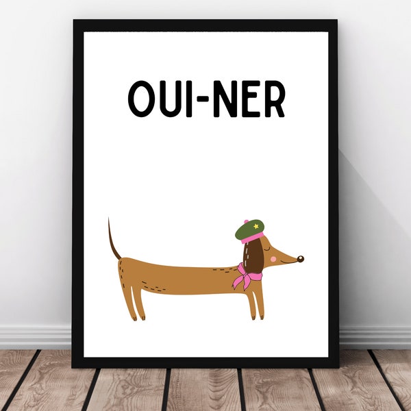 OUI Wiener Dog Impression numérique Adorable teckel imprimable Parisien Doxie Love Poster Pink Dog Amour Decor Punny Art cadeau Chien Parent