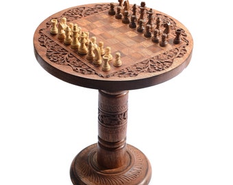 Hand-carved wooden chess table, knockdown, holiday, outdoor, travel easy carry.