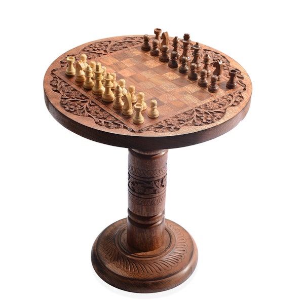 Hand-carved wooden chess table, knockdown, holiday, outdoor, travel easy carry.