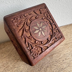 Hand-Carved Wooden Jewelry Box with Brass Inlay and Fabric Lining
