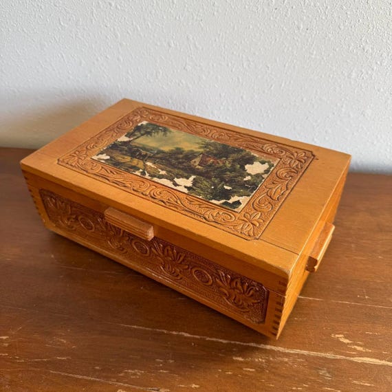 Vintage Carved Wood Keepsake Box, Cottage Print, Shabby Chic Mirror