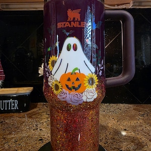 Customizable Spooky Ghost Glitter Ombre Stanley Tumbler image 1