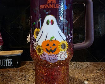 Vaso Stanley personalizable con purpurina y diseño ombré de fantasma espeluznante