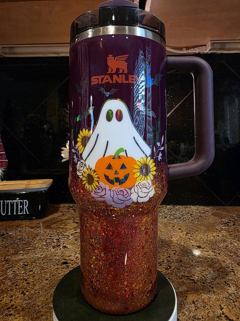 Customizable Spooky Ghost Glitter Ombre Stanley Tumbler image 1