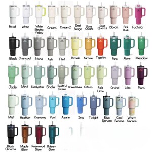 May include: A chart of 36 different colors of 30 oz tumblers with a handle and a straw. The colors include black, white, cream, pink, green, blue, purple, and more.
