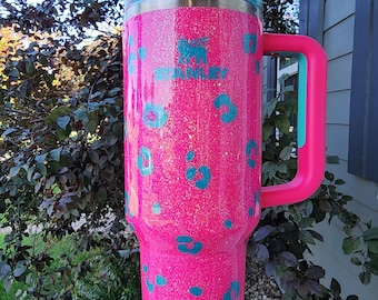 Customizable Leopard Print Glittered Stanley Tumbler