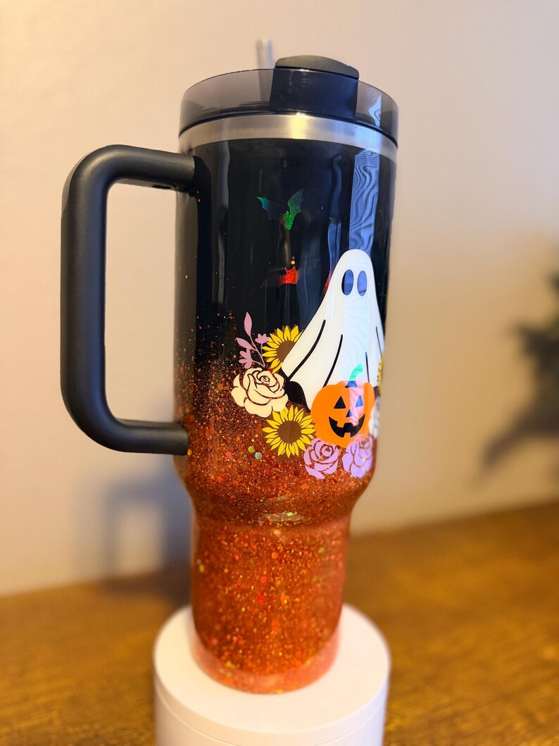 Customizable Spooky Ghost Glitter Ombre Stanley Tumbler image 6