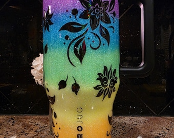 Rainbow and Floral Themed Glitter Tumbler