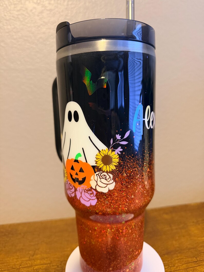 Customizable Spooky Ghost Glitter Ombre Stanley Tumbler image 5