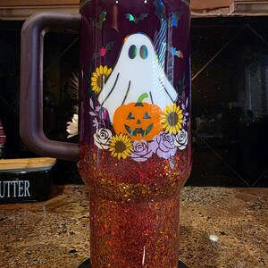 Customizable Spooky Ghost Glitter Ombre Stanley Tumbler image 3