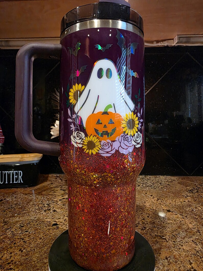 Customizable Spooky Ghost Glitter Ombre Stanley Tumbler image 3