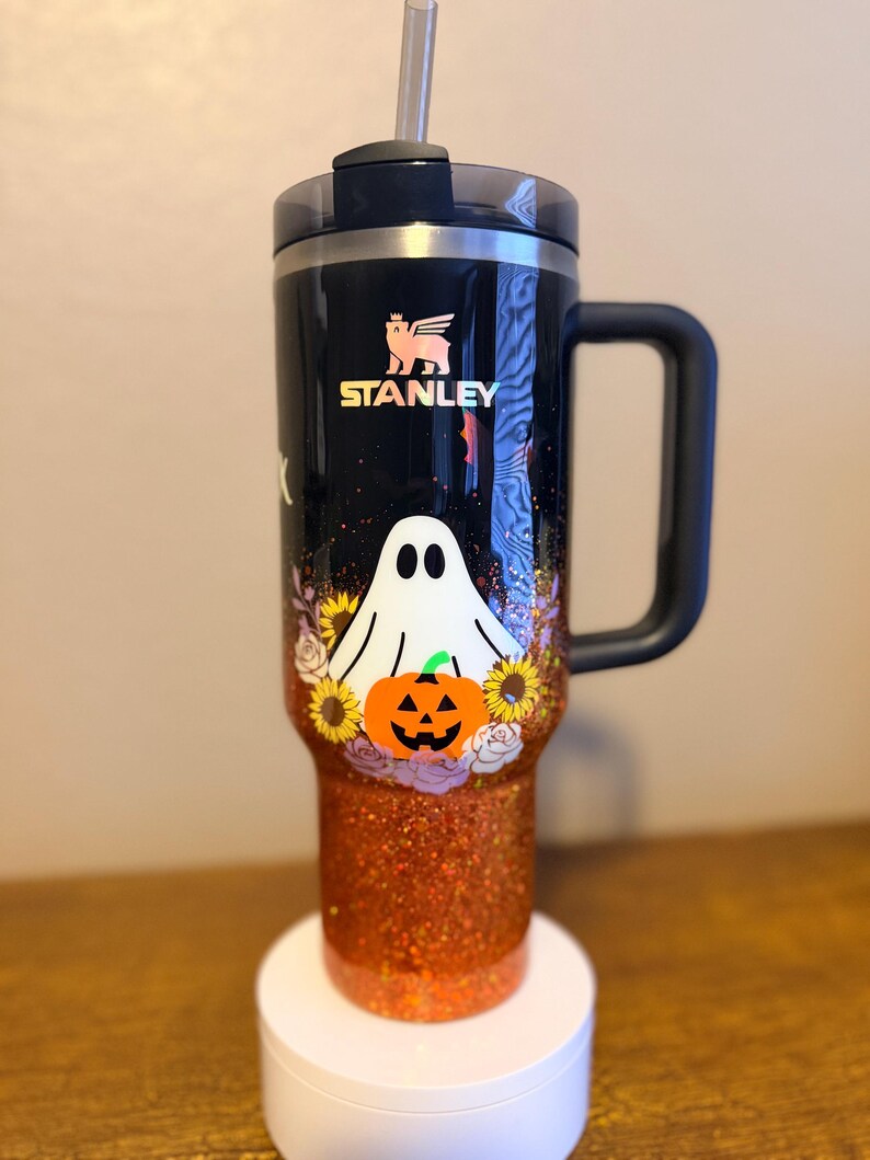 Customizable Spooky Ghost Glitter Ombre Stanley Tumbler image 2