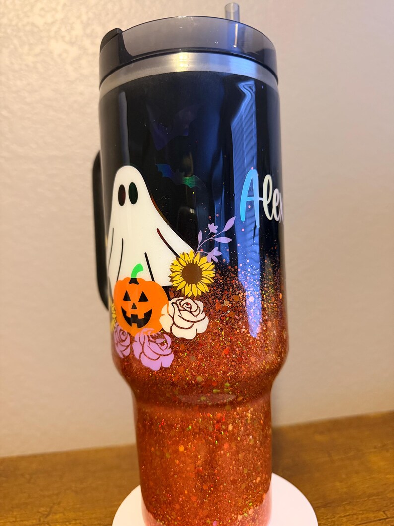 Customizable Spooky Ghost Glitter Ombre Stanley Tumbler image 7