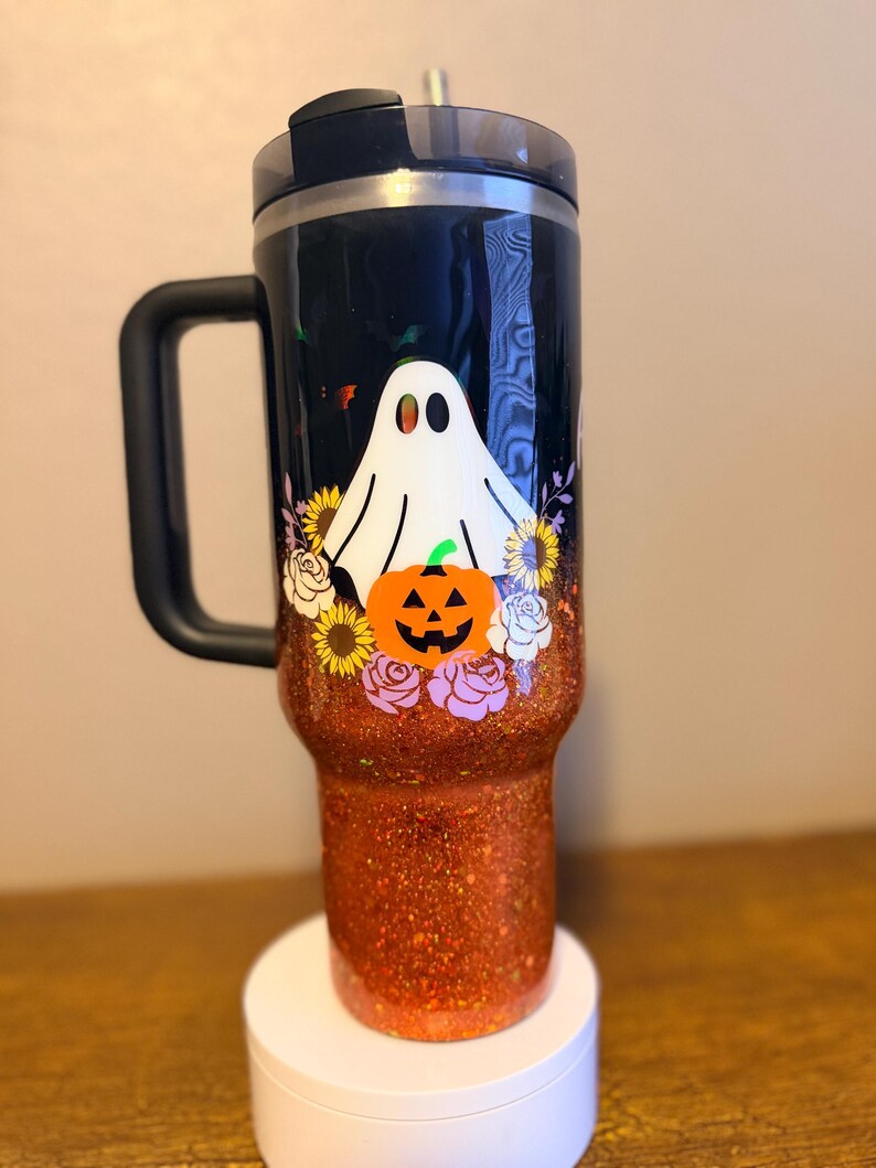 Customizable Spooky Ghost Glitter Ombre Stanley Tumbler image 4