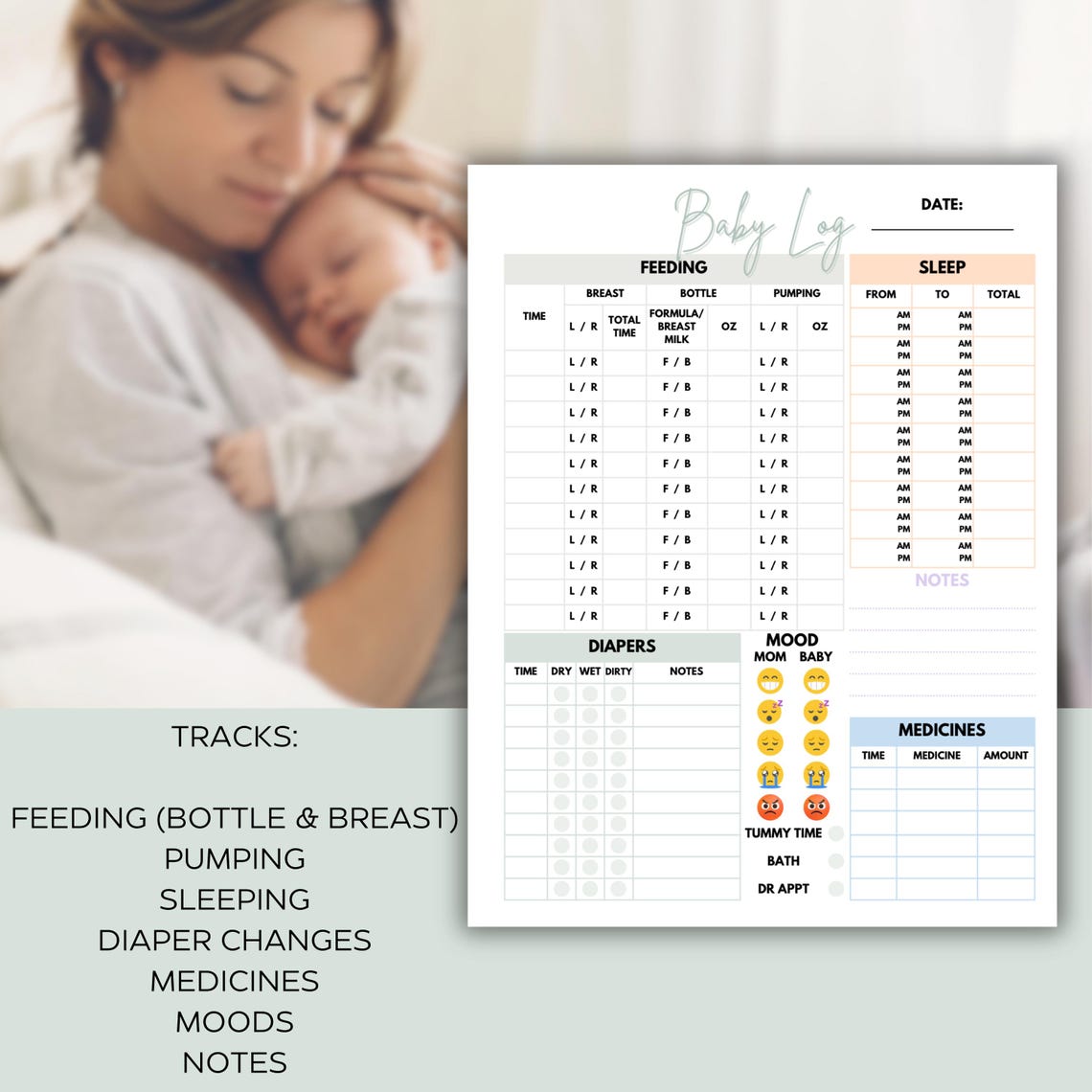 Baby Log Printable - Pastel | Newborn Log | Baby Feeding Log | Newborn Diaper Log | Pumping Log ...