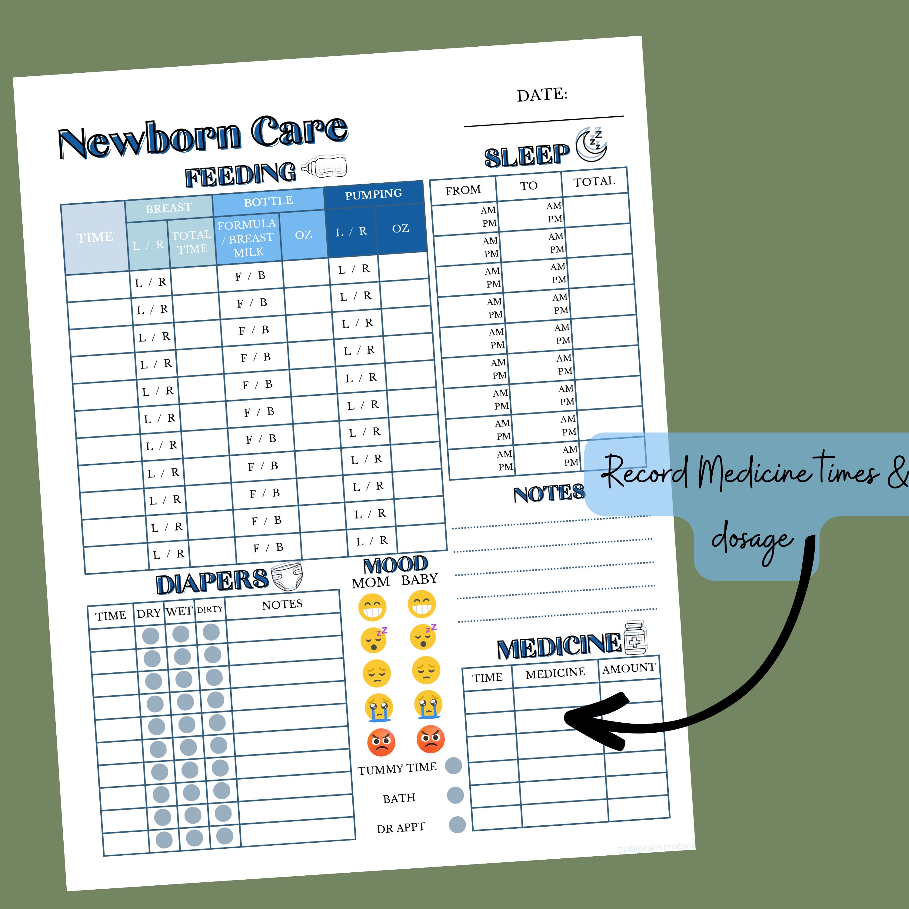 Newborn Care Log Printable Blue Baby Feeding Diaper Log - Etsy